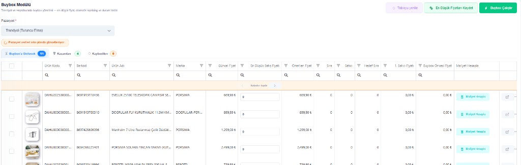 Dahusoft Buybox Modülü ekranı — ürün listesi, en düşük fiyat kolonu ve Buybox Çalıştır butonu