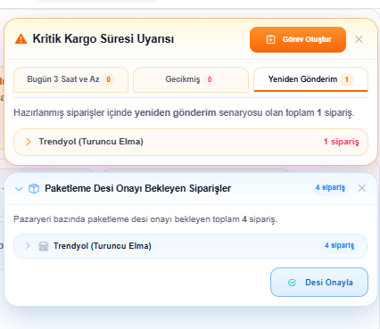 Kritik kargo süresi uyarısı ve paketleme desi onayı bekleyen siparişler, desi onayla işlemi